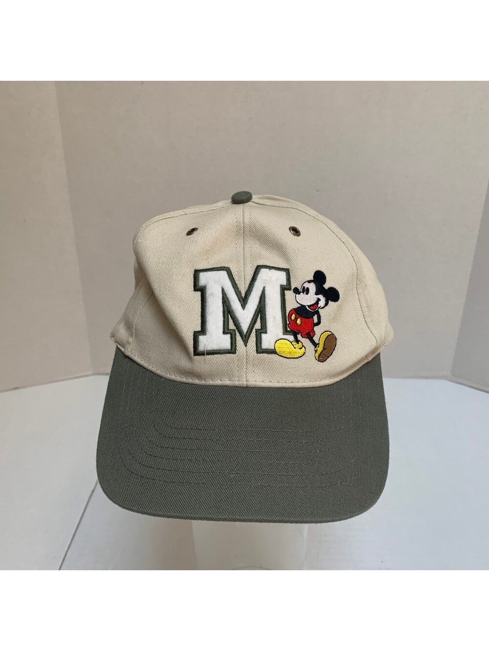 Disney Mickey Mouse Baseball Cap Hat Olive Green and Beige
